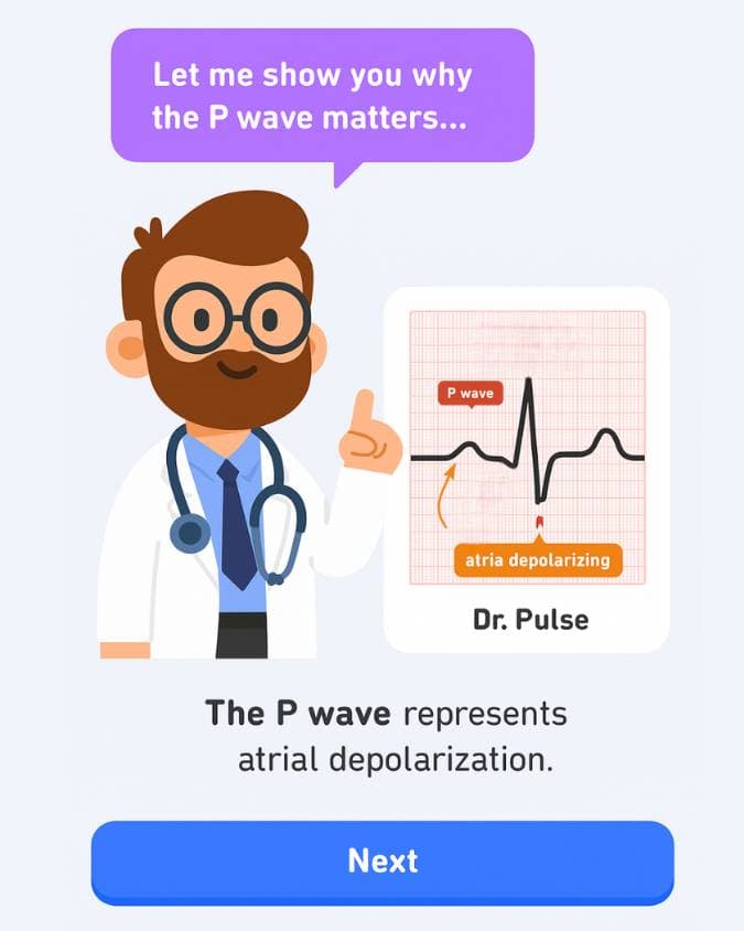 ECG learning fundamentals course interface showing basic cardiac rhythm patterns and wave interpretation