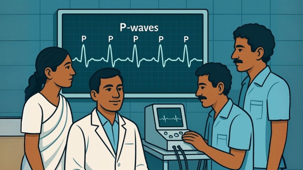 Clinician examining ECG printout with enhanced P-waves from Atrial Lead System